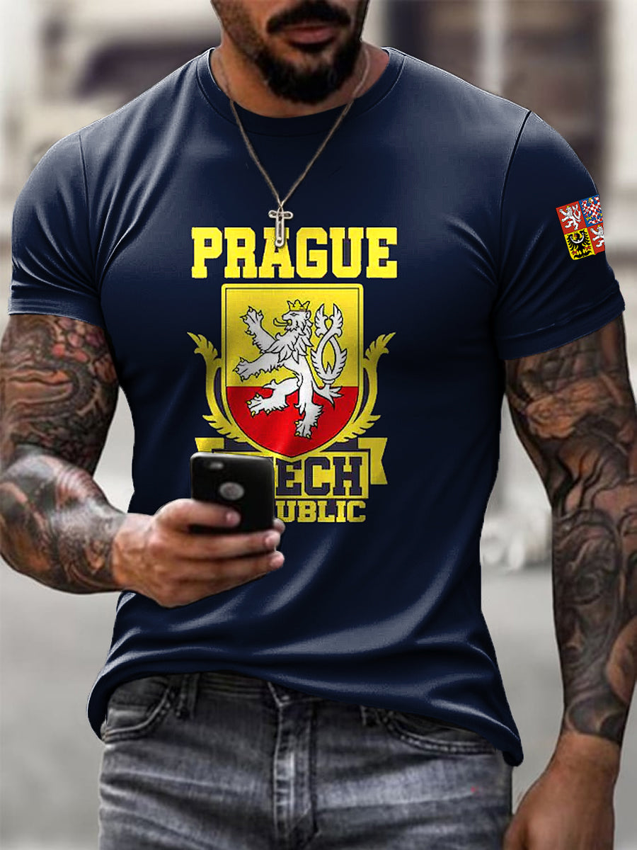 Pánské vintage vlajka prahy emblém umění příležitostné tričko