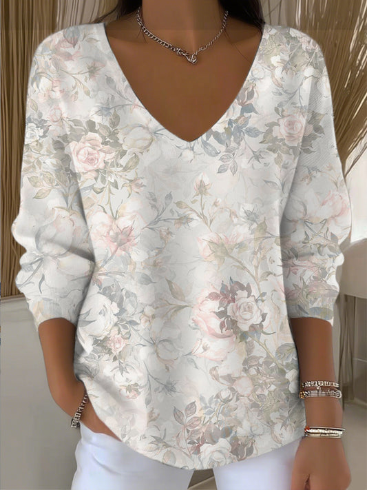 Dámské romantické růžové květinové vneck svetr