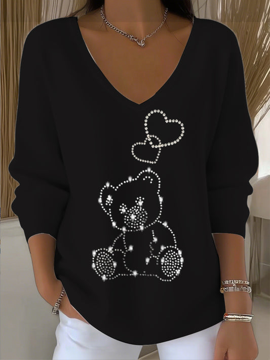 Ženský jiskřivý medvídek srdce vkrk svetr