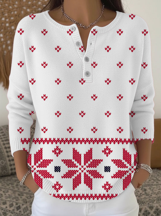 Dámské sladké červené vzor henley svetr