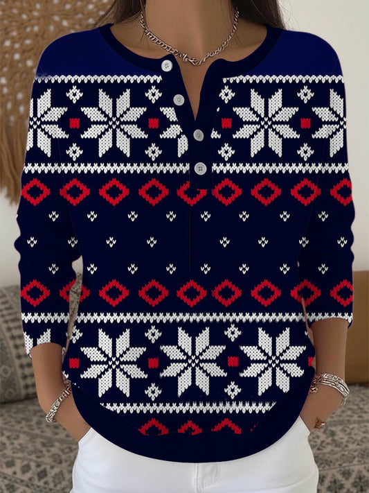 Ženské vibrant navy red patterned henley svetr