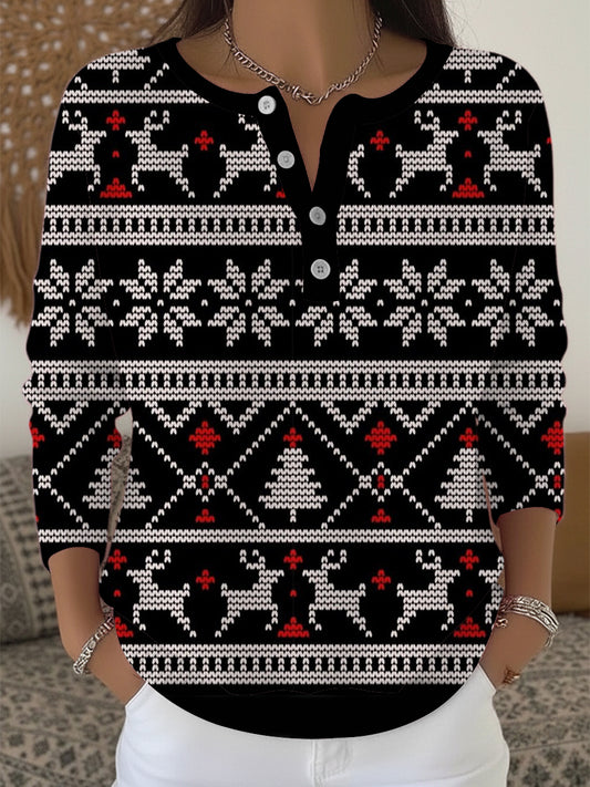 Dámské krásné černé vánoční tisk henley svetr