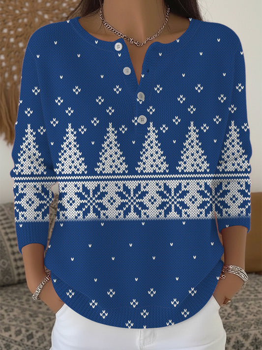 Dámské okouzlující modrý vánoční stromek henley svetr