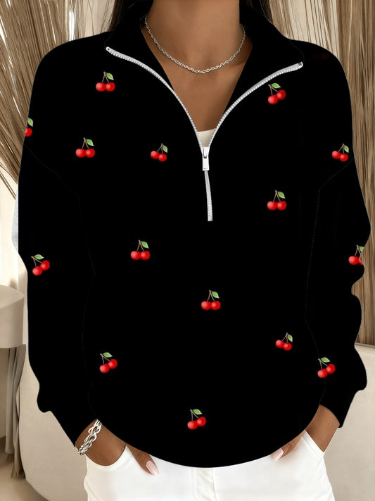 Dámské roztomilé třešňové tištěné tričko s golierem