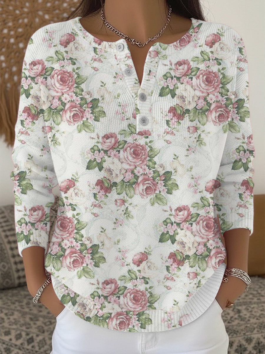 Dámské romantické růžové růže henley svetr