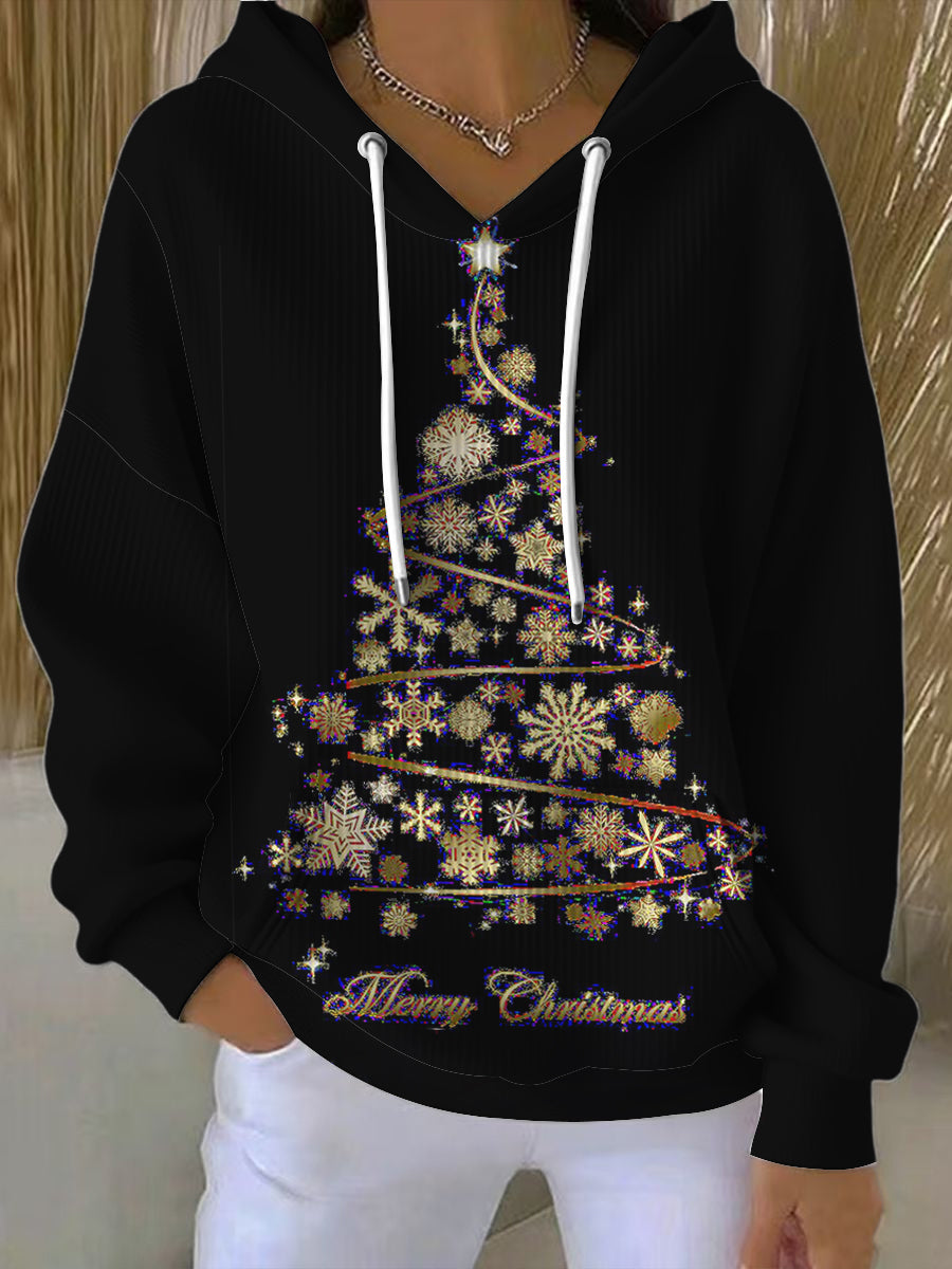 Dámské lesklé černé sněhové vločky vánoční stromeček hoodie