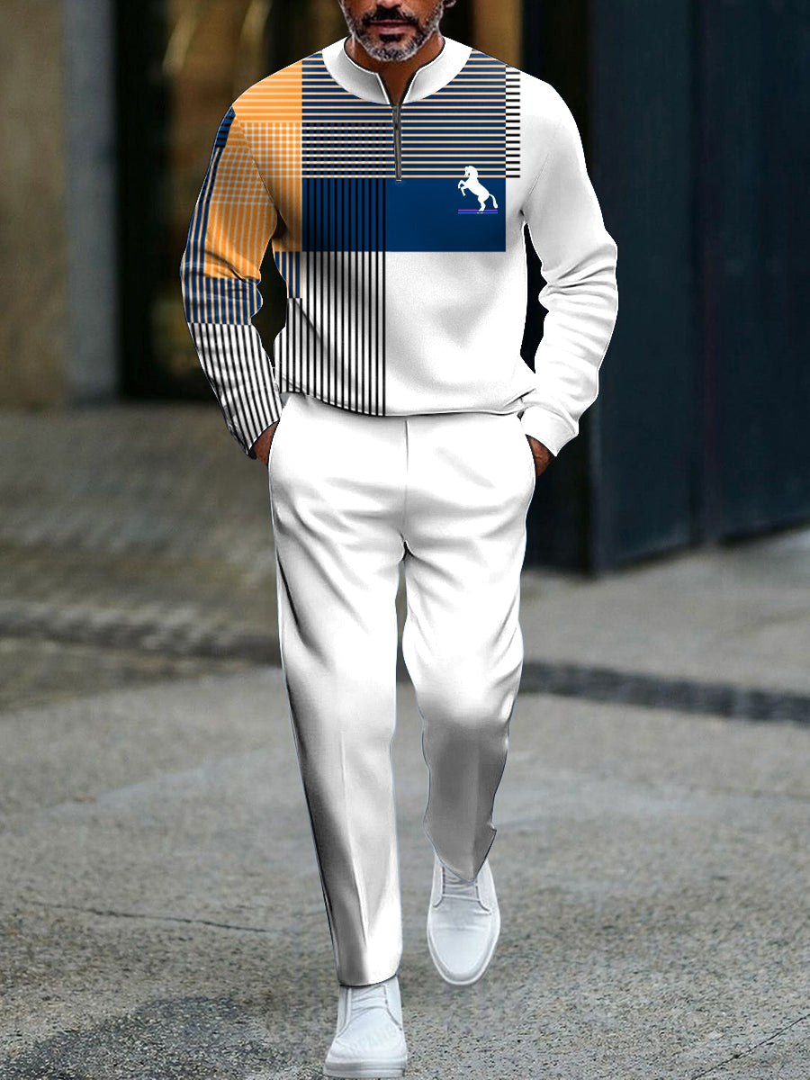 Pánské vintage minimalistický pruhované casual business polo dlouhé kalhoty set