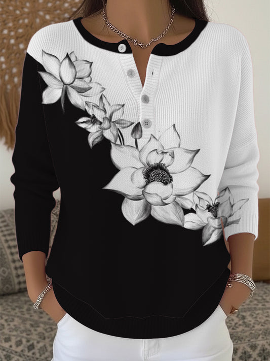 Dámské stylové lotus print henley svetr
