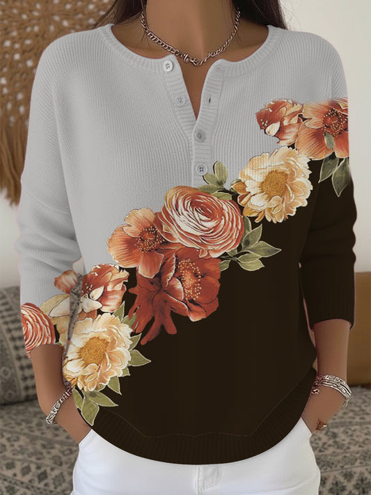 Dámské elegantní květinový kontrast henley svetr