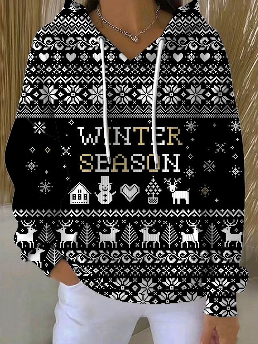 Dámské stylové černé "zimní sezóna" fair isle hoodie