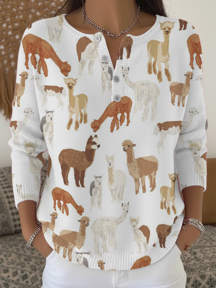 Dámské rozkošné alpaka tisk henley svetr