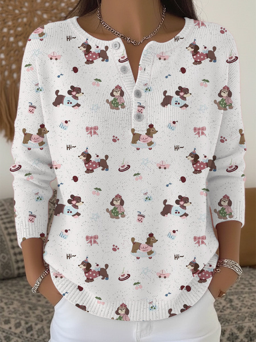 Dámské roztomilé pudle print henley svetr