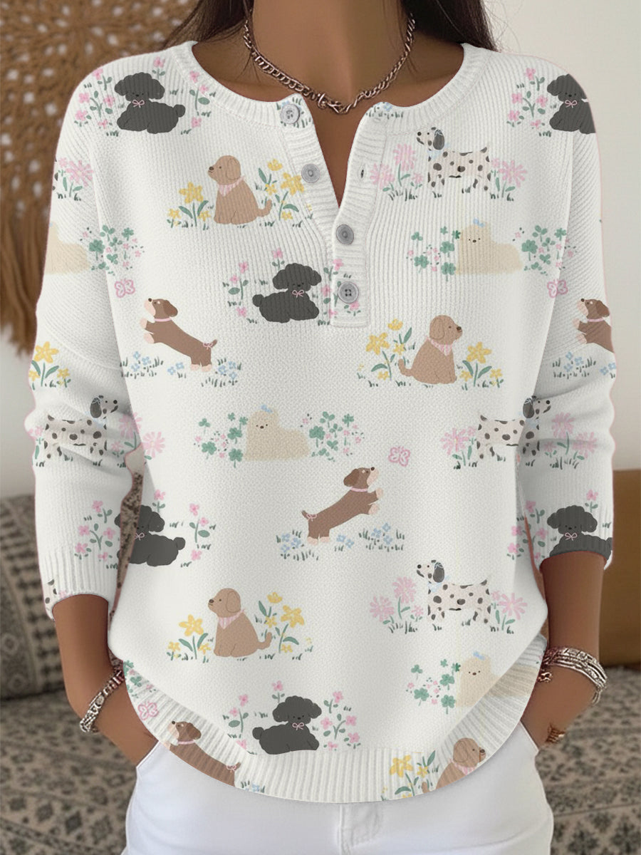 Dámské sladké květinové psí tisk henley svetr
