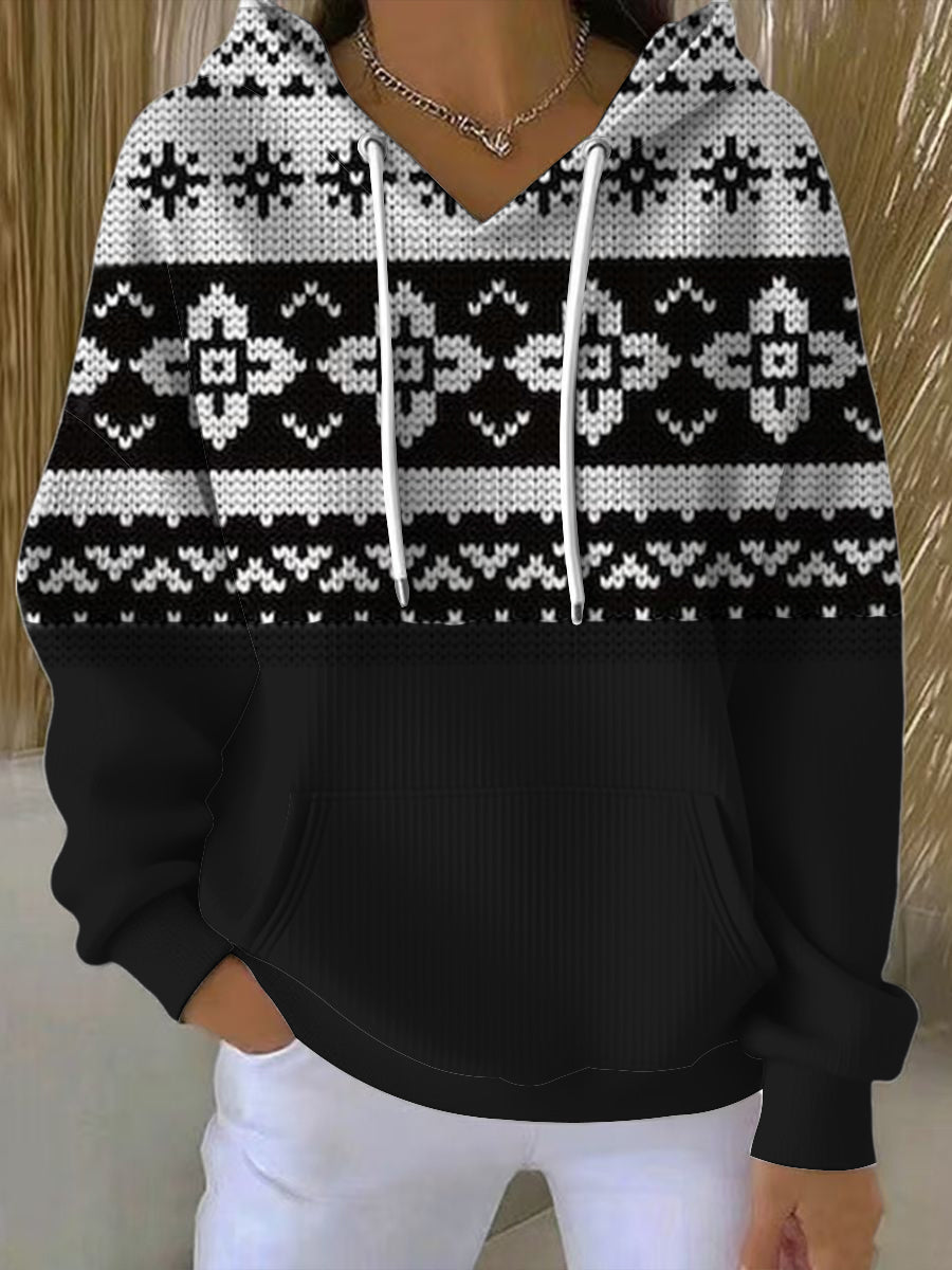 Ženy unikátní černá bílá vzor fair isle hoodie