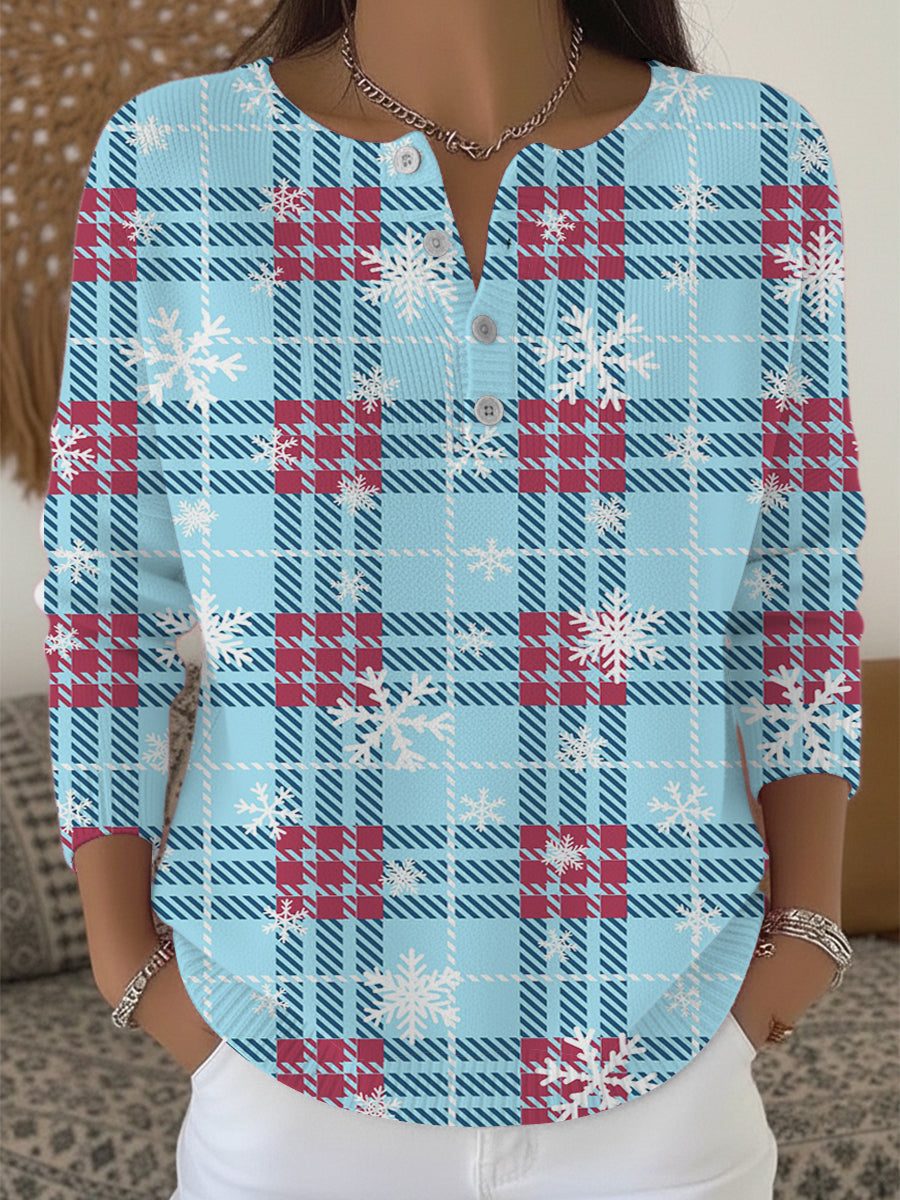 Dámské chladné modré plátované sněhové vločky henley svetr