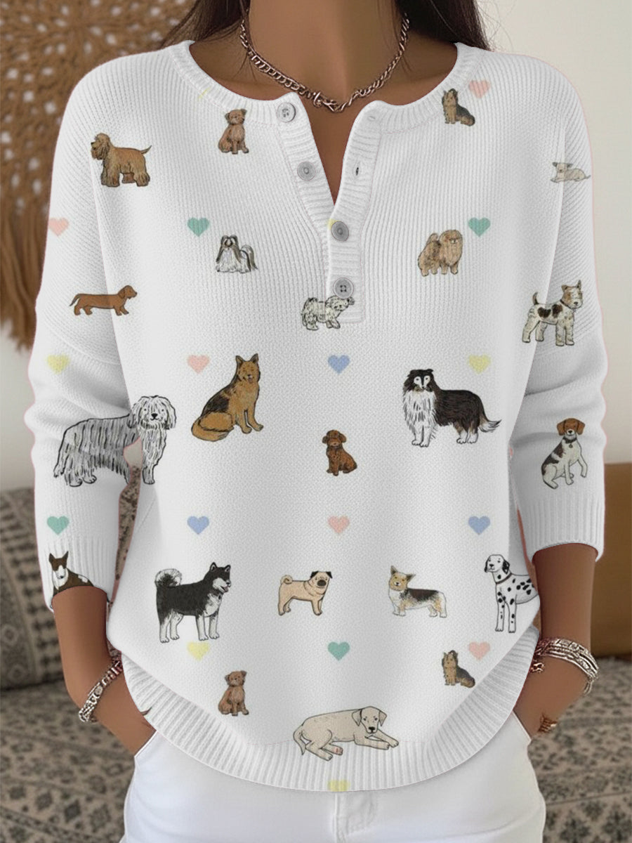 Ženské různé pes & srdce tisk henley svetr