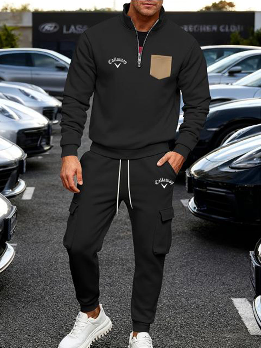 Men stylish black branded standup collar sweatshirt & cargo pants set