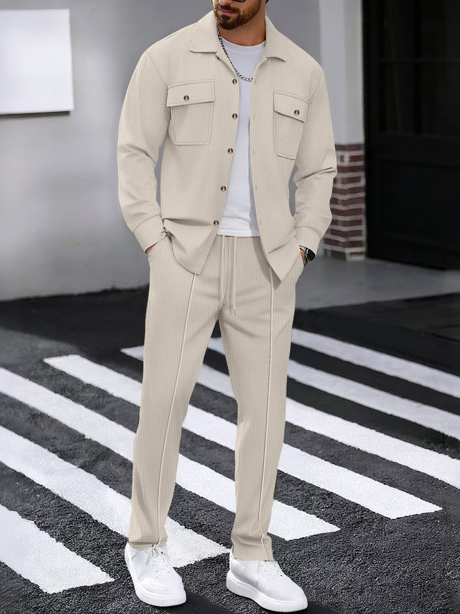 Pánské vintage vafle weave pracovní oděvy svetr a kalhoty sada