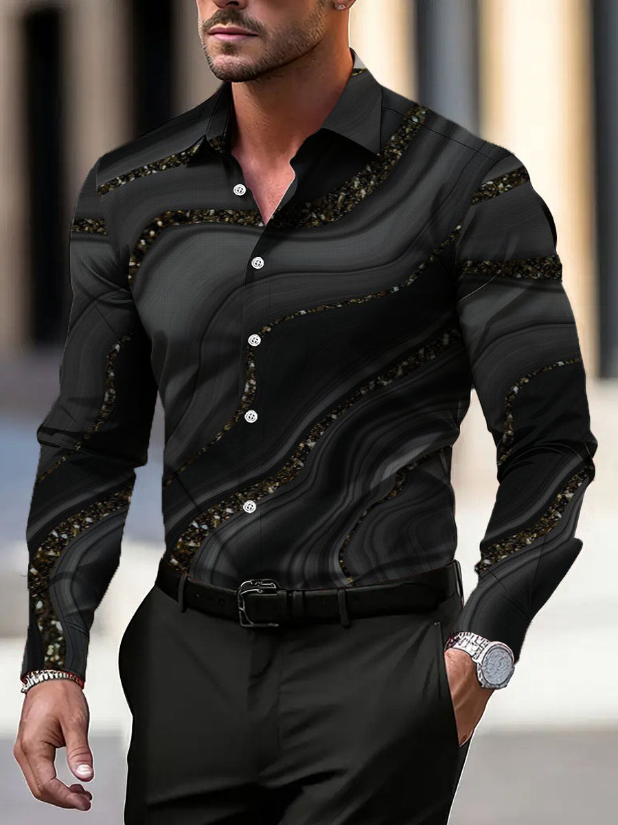 Pánské elegantní černé mramorové lesklé šaty košile