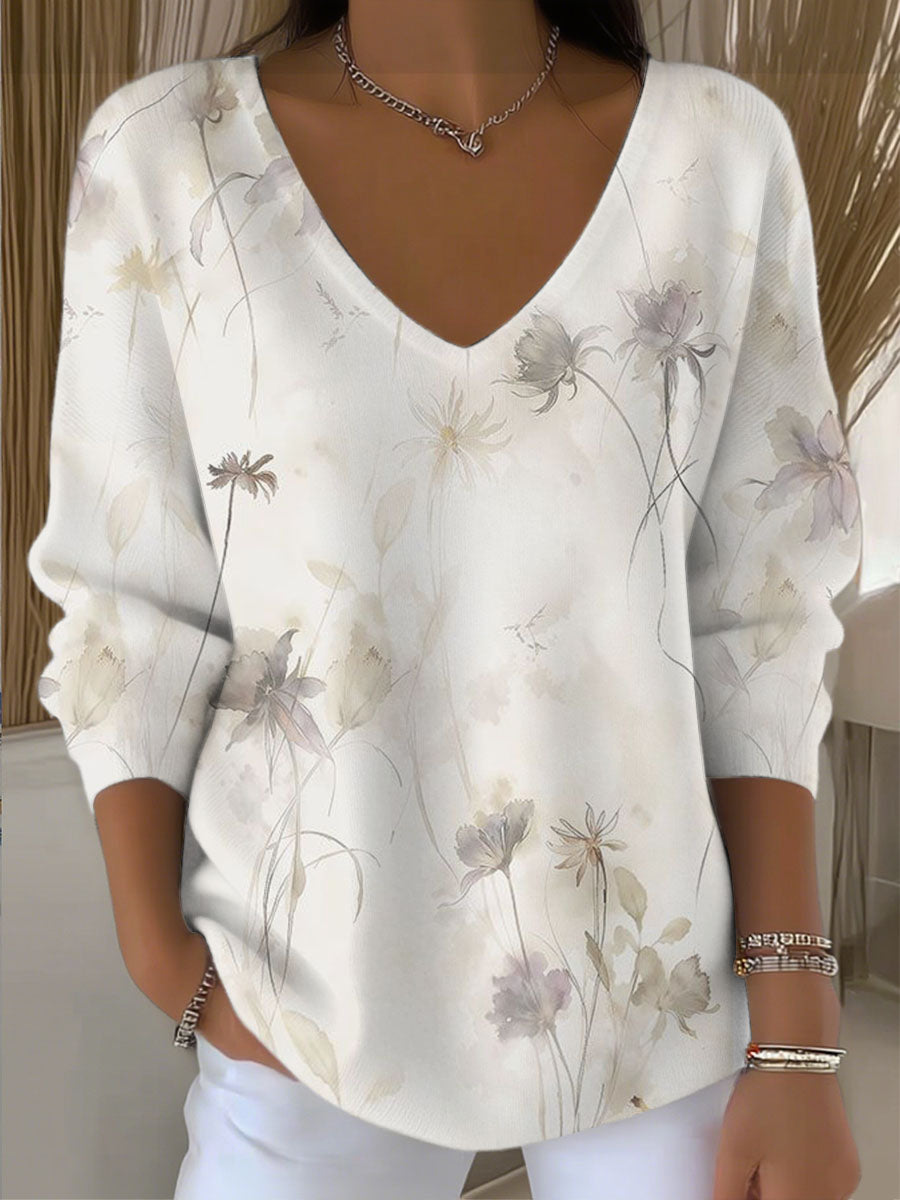 Dámské jemné béžové květinové vneck svetr