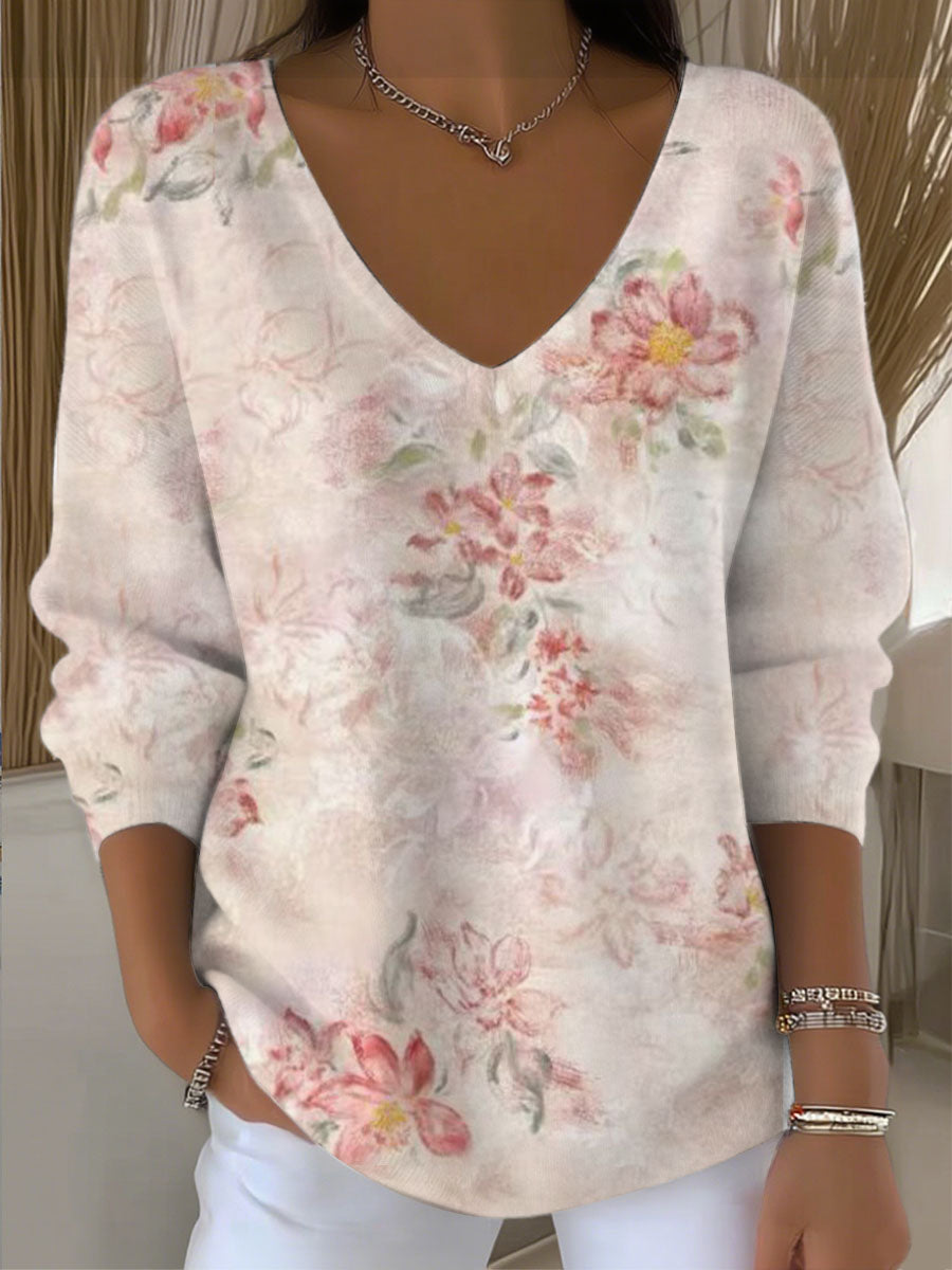 Dámské romantické růžové květinové vneck svetr