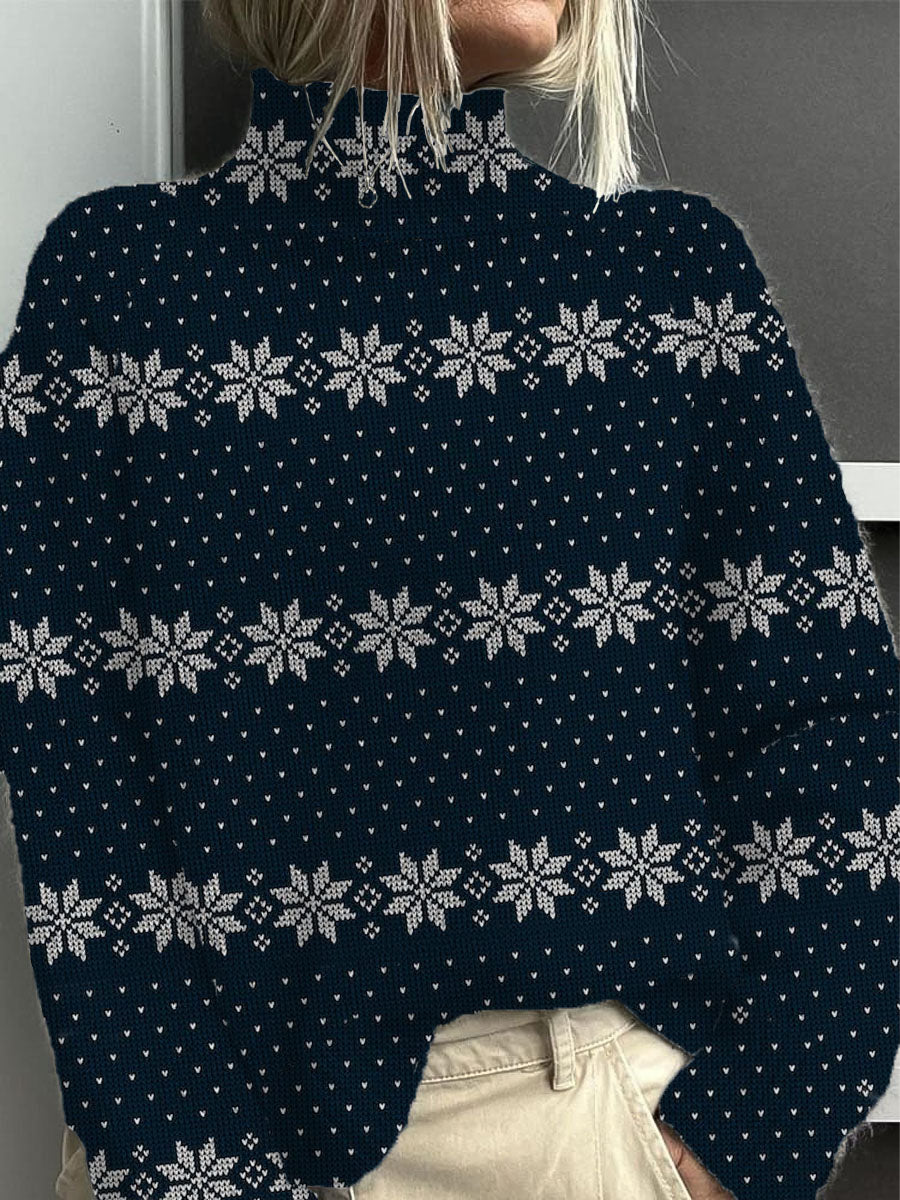 Dámské elegantní námořní sněhová vločka mock neck svetr