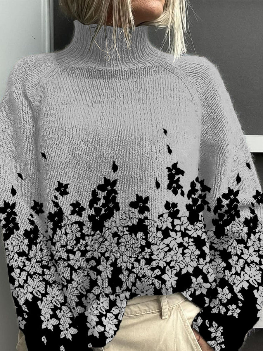 Dámské stylové šedé černé květinové gradient mock neck svetr