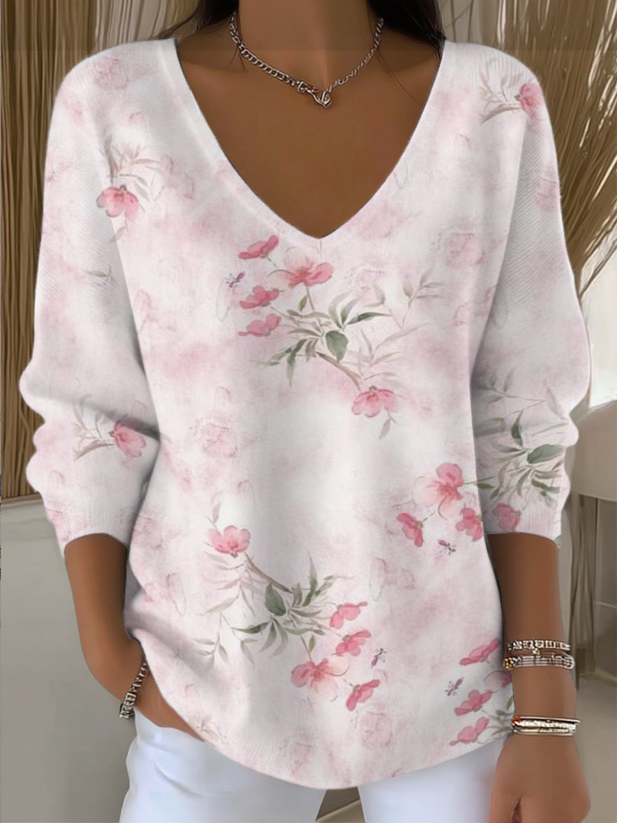 Dámské sladké růžové květinové tisk vkrk svetr