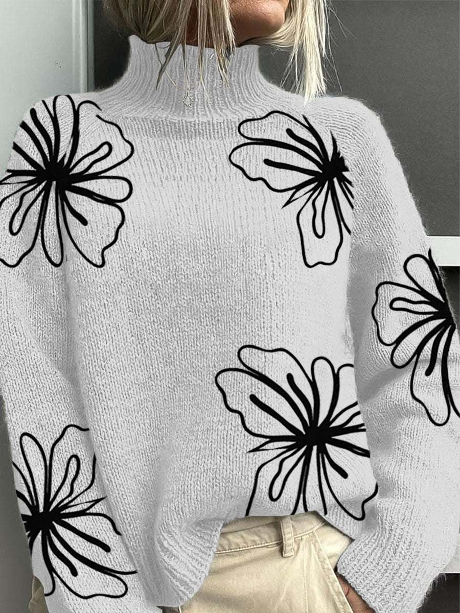 Dámské elegantní bílá černá květinová linka umění mock neck svetr