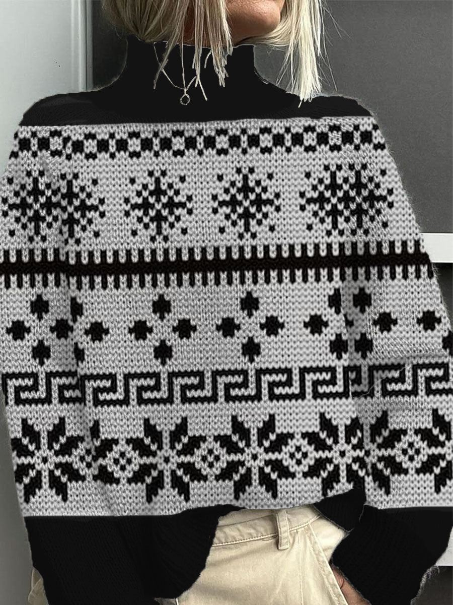 Dámské elegantní černé bílé sněhové vločky mock neck svetr