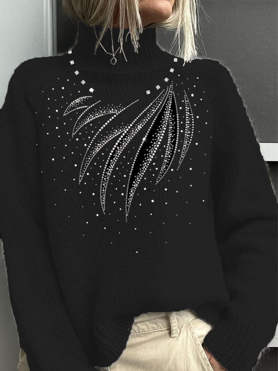 Dámské okouzlující černá kamínka křídlo mock krku svetr