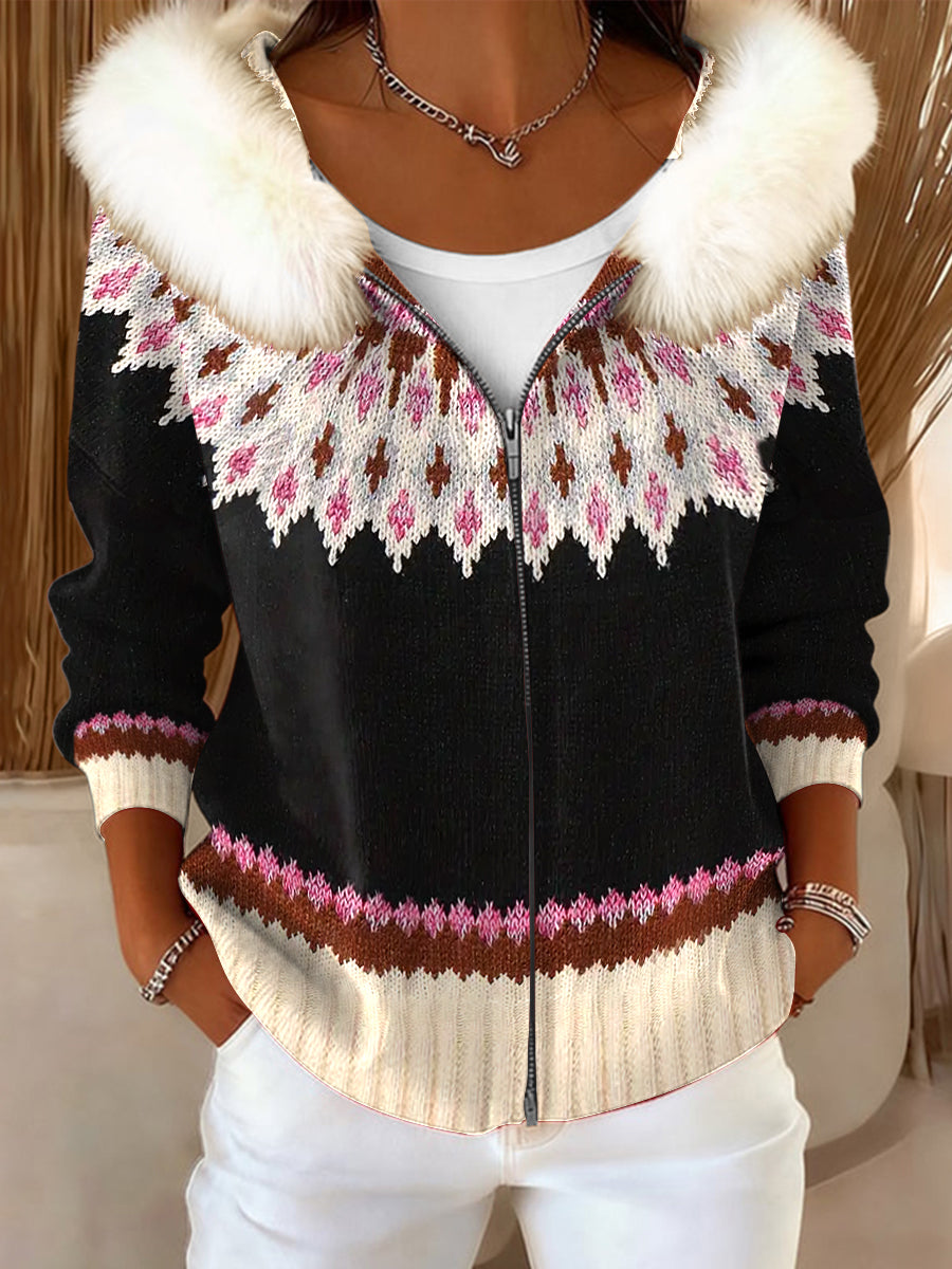 Ženy vintage patchwork fair isle with hooded wool collar coat