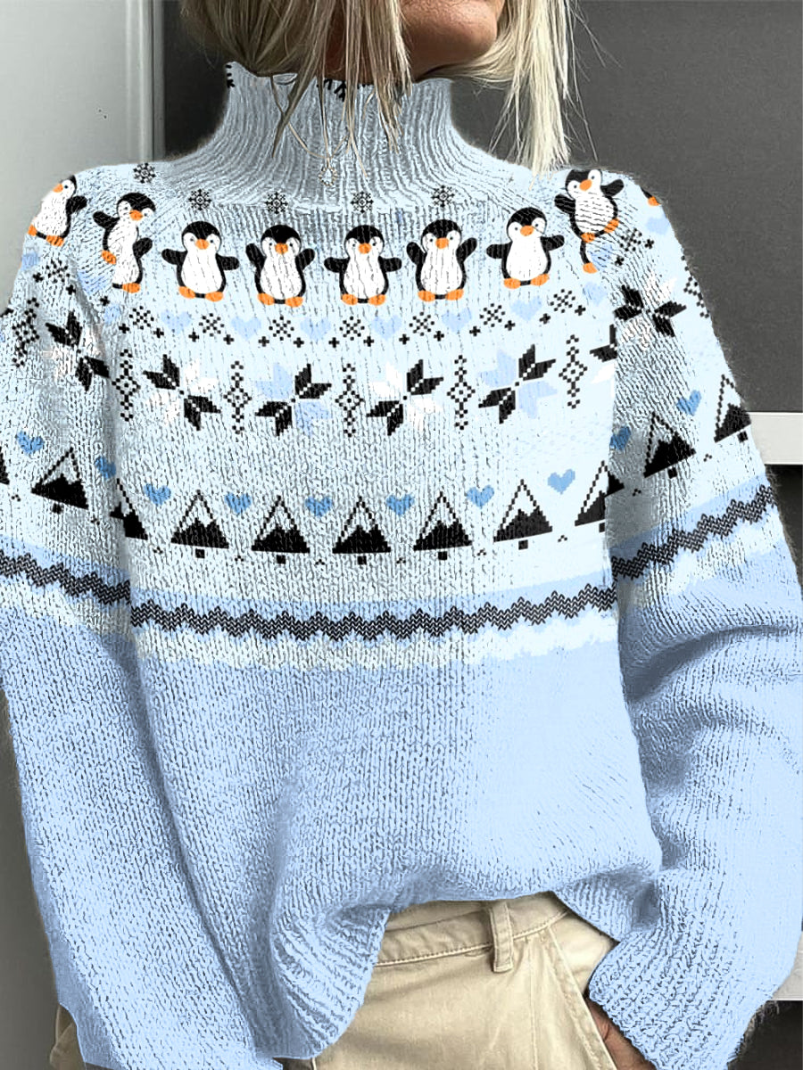 Ženské vintage fair isle penguin art highneck svetr