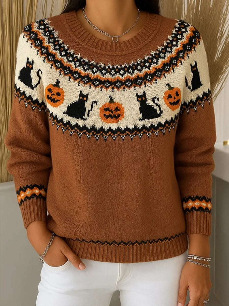 Ženy vintage fair isle halloween posádka krku pulóver