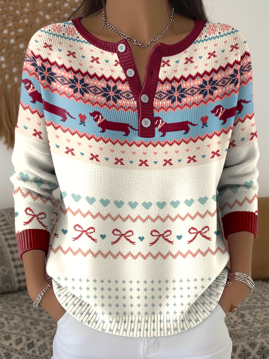 Ženy vintage fair isle sausage dog art vneck top