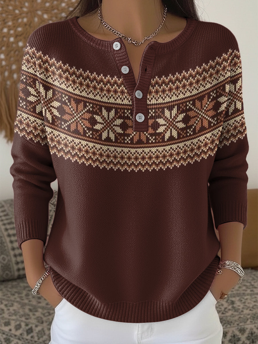 Ženy vintage fair isle snowflake art vneck top