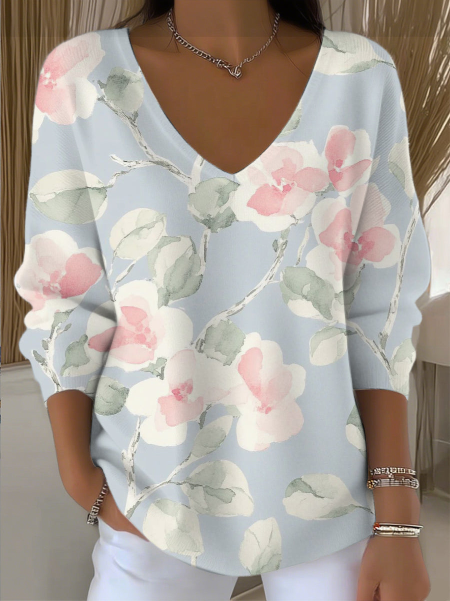 Dámské jemné modré květinové tisk vkrk svetr