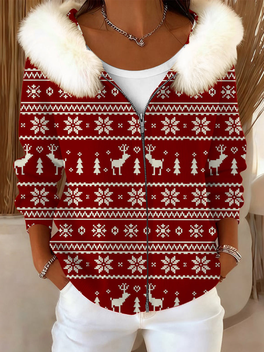 Ženské chirstmas klasická červená sněhová vločka soby kožešin obojek kabát