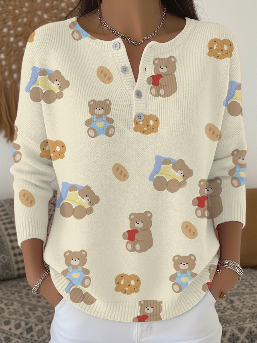 Dámské rozkošné medvědí a sušenky tisk henley svetr