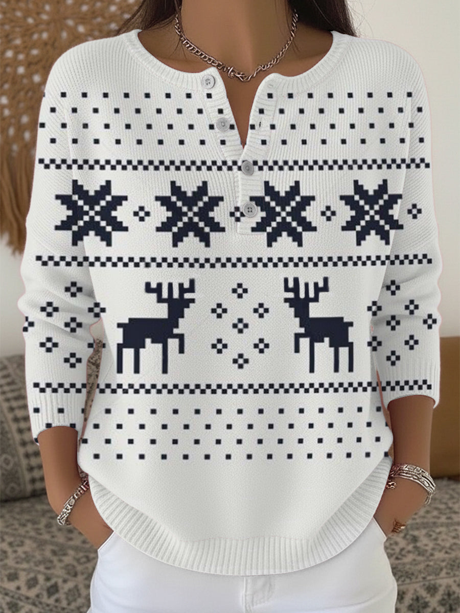 Dámské elegantní bílé sněhové vločky soby henley svetr