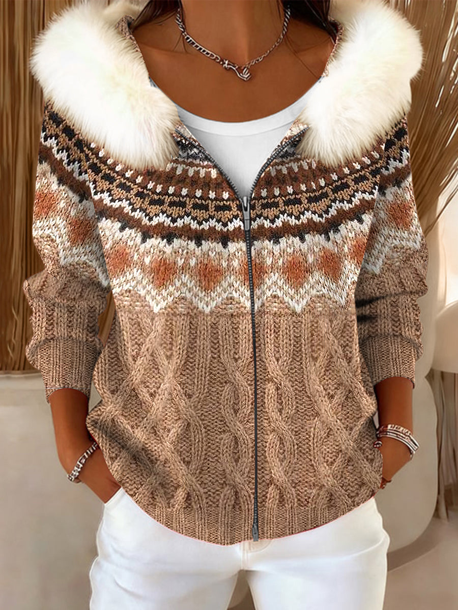 Ženy vintage fair isle vzor vlnagoodin kabát s kapucí