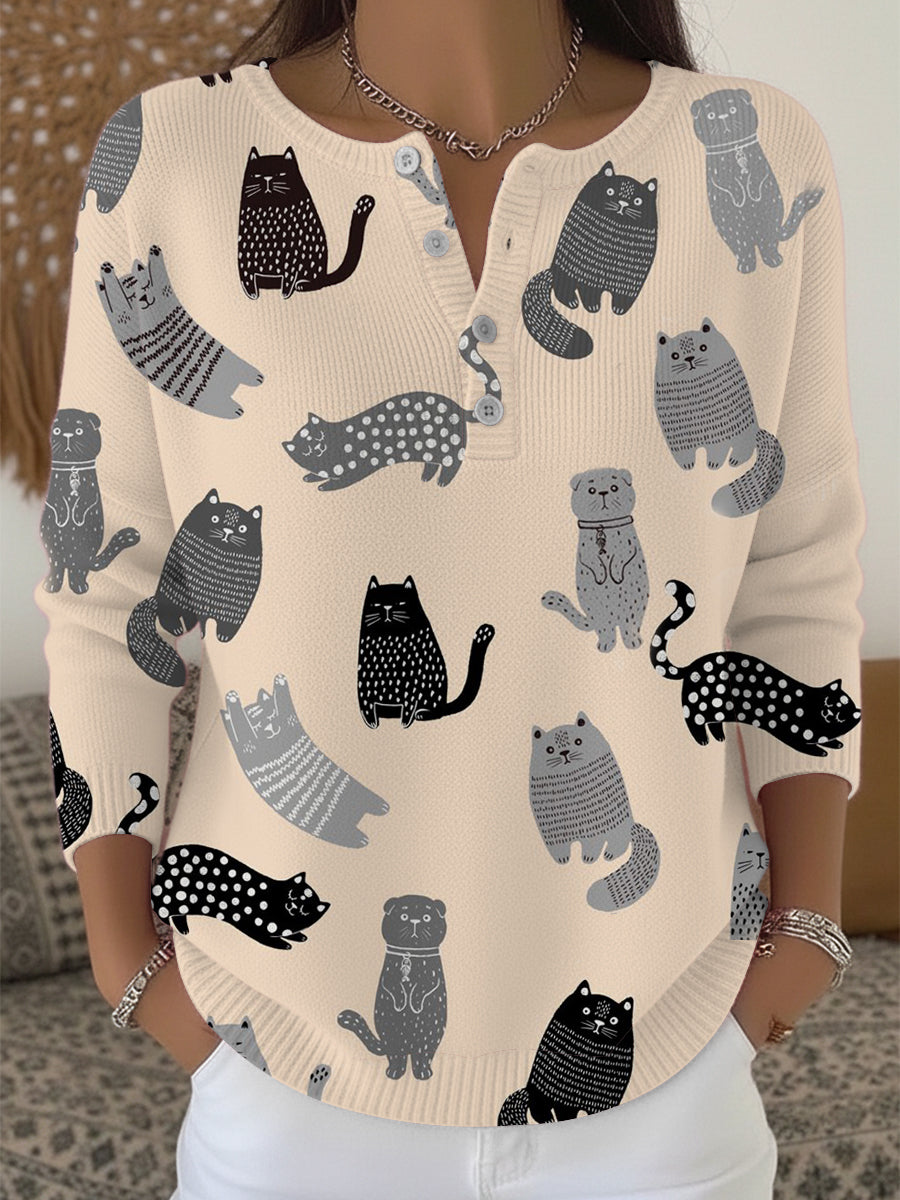 Dámské stylové černé šedé kočky tištěné henley svetr