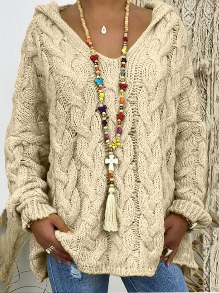 Dámské kabelové pletené mikiny mikina s v krkem