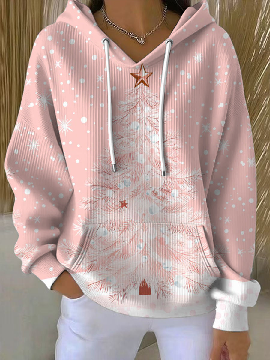 Dámské roztomilé růžové sněhové vločky vánoční stromeček tisk hoodie