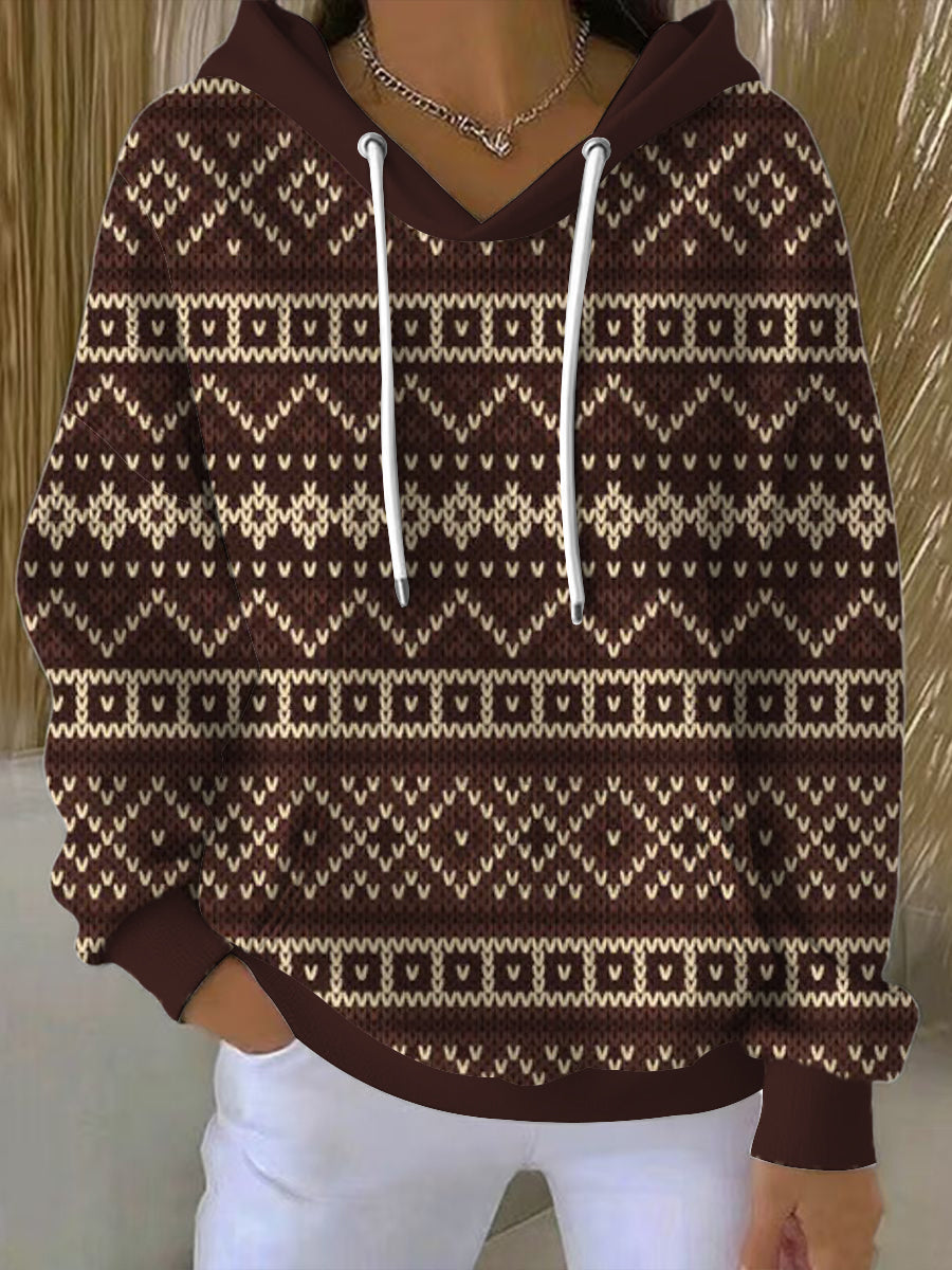 Dámské teplé hnědé fair isle hoodie