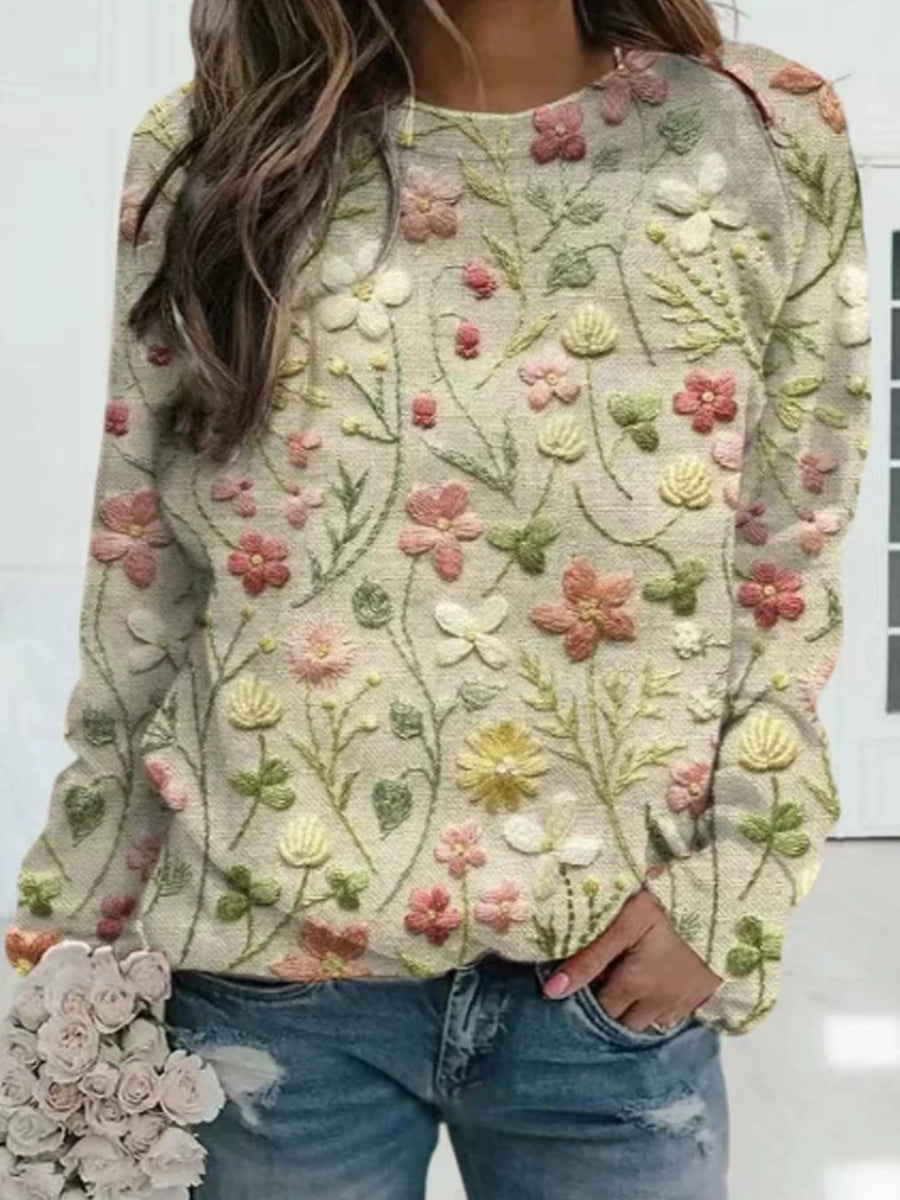 Dámské béžové květinové vyšívané svetr