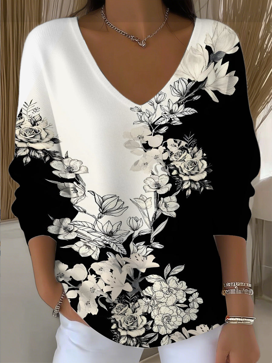 Dámské stylové černobílé květinové tisk vkrk svetr