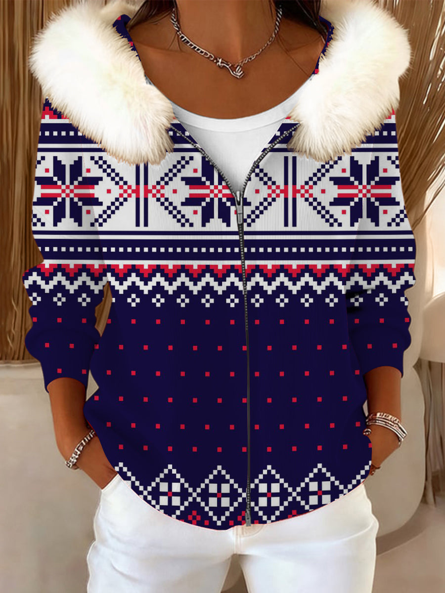 Dámské trendy navy & red print kožešinový kabát