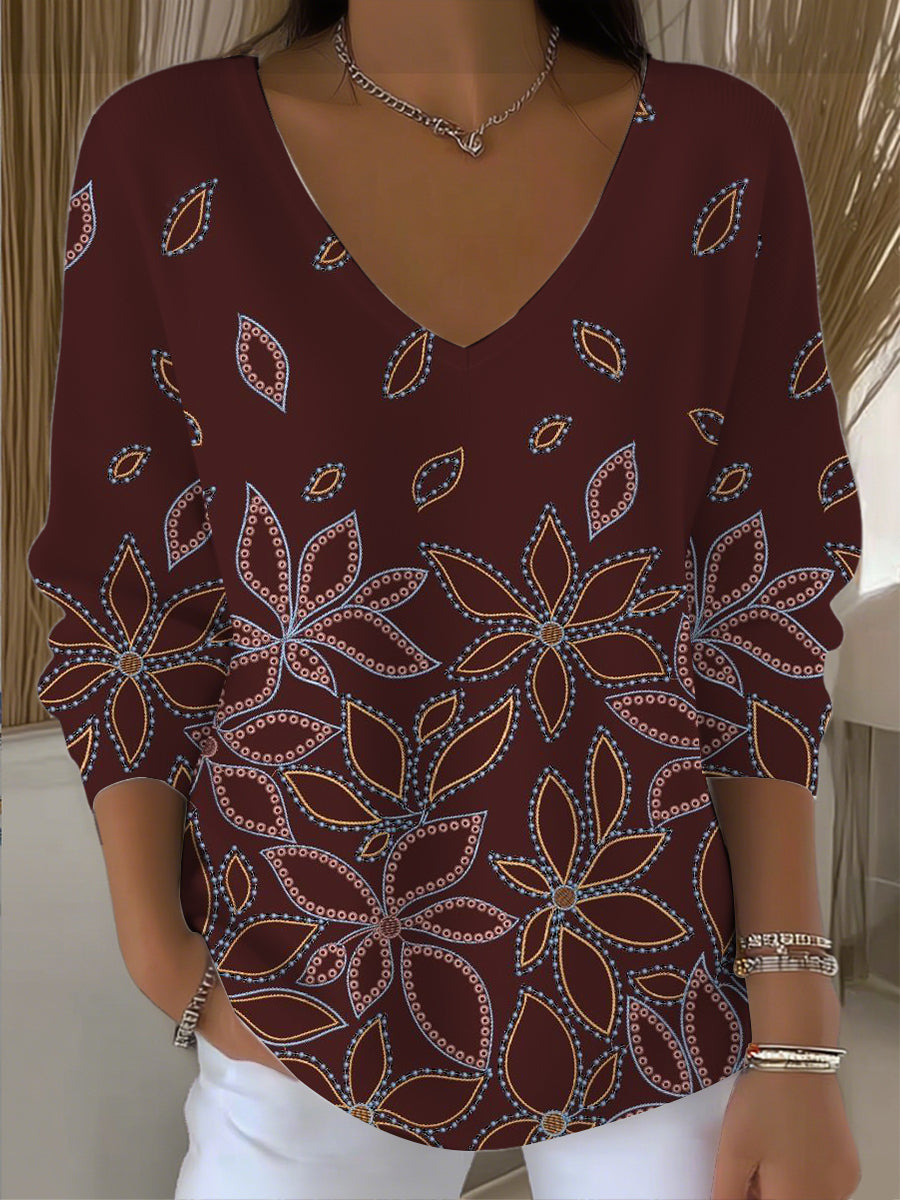 Ženy unikátní hnědé květinové vzor vkrk svetr