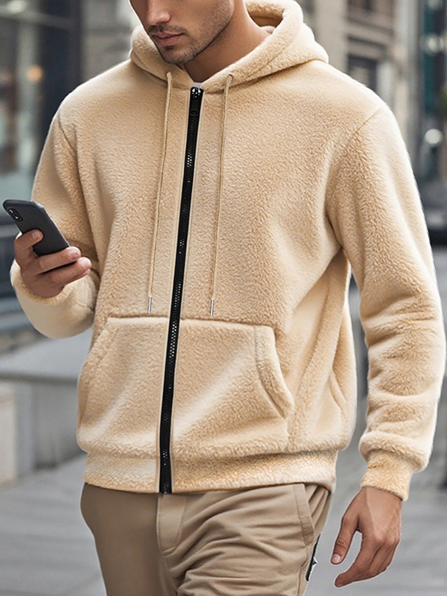 Pánské vintage zahuštěné doublefleece zips s kapucinou bunda